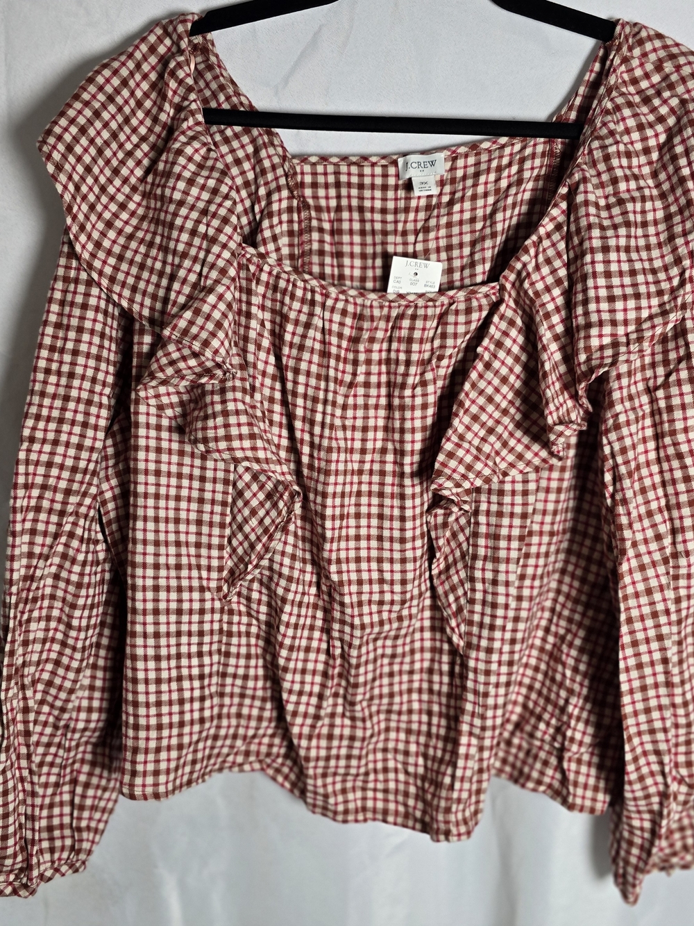 NWT J. Crew Factory Red Gingham Plaid Ruffle Long-Sleeve Top Peasant Boho, Sz 3X